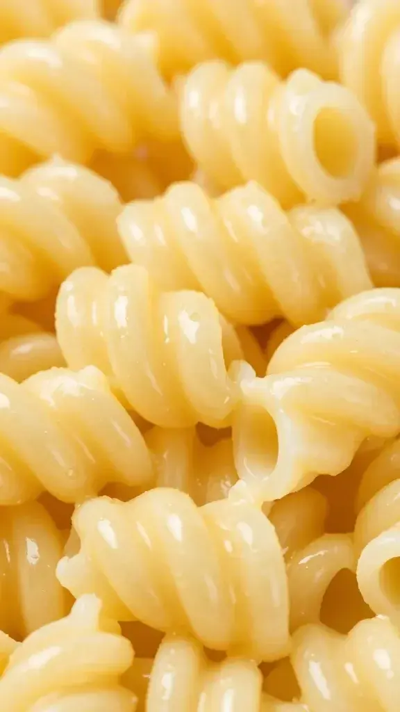 macro shot of glossy mayo-cling macaroni with deviled egg bits