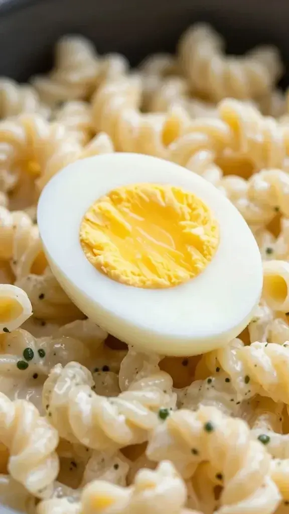 Closeup of a single hard-boiled egg wedge on a creamy macaroni salad