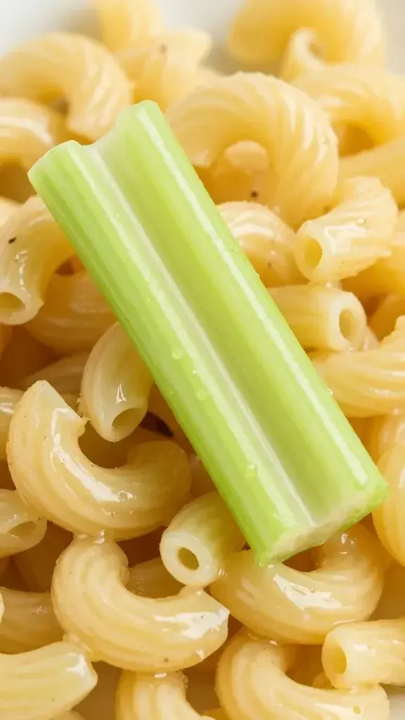 Closeup of a single celery rib crunch in macaroni salad with dressing glaze