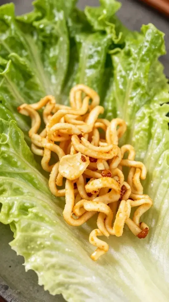 closeup of crispy ramen shards on a single green romaine leaf