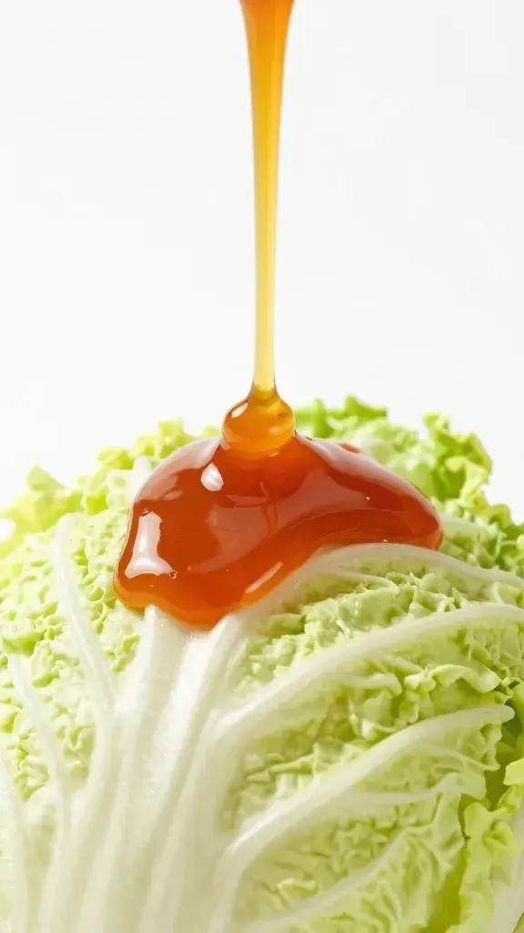 closeup of tangy dressing drizzle over a single napa cabbage shred centerpiece