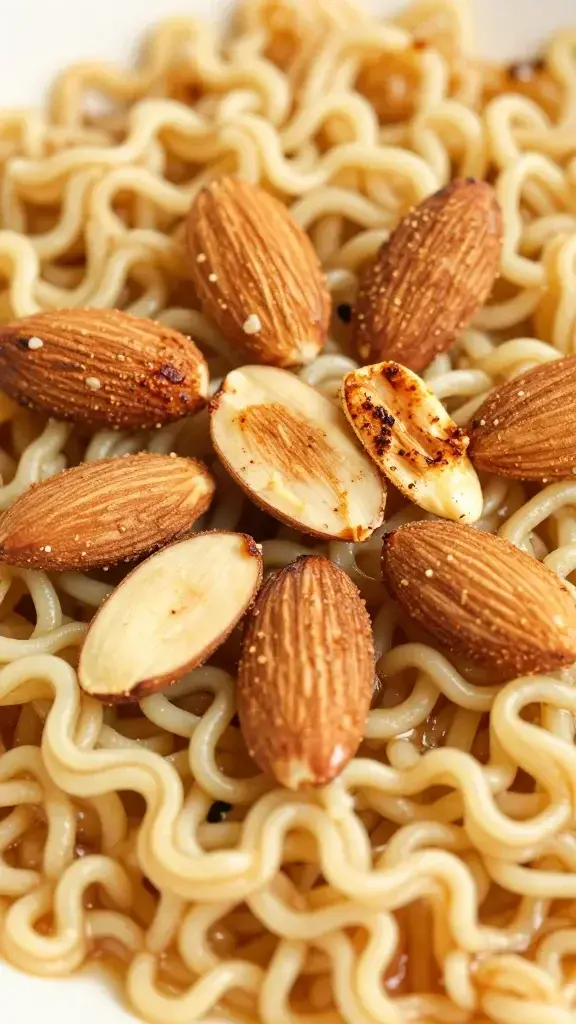 Closeup of toasted almond on Top Ramen salad noodle surface