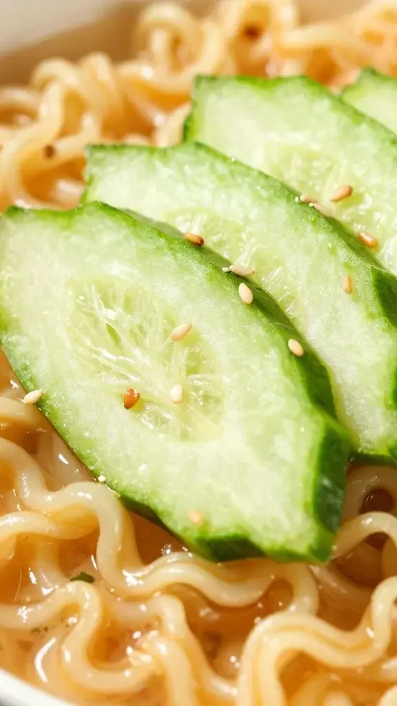 Closeup of crisp vegetable slice atop ramen noodle bed with sesame drizzle