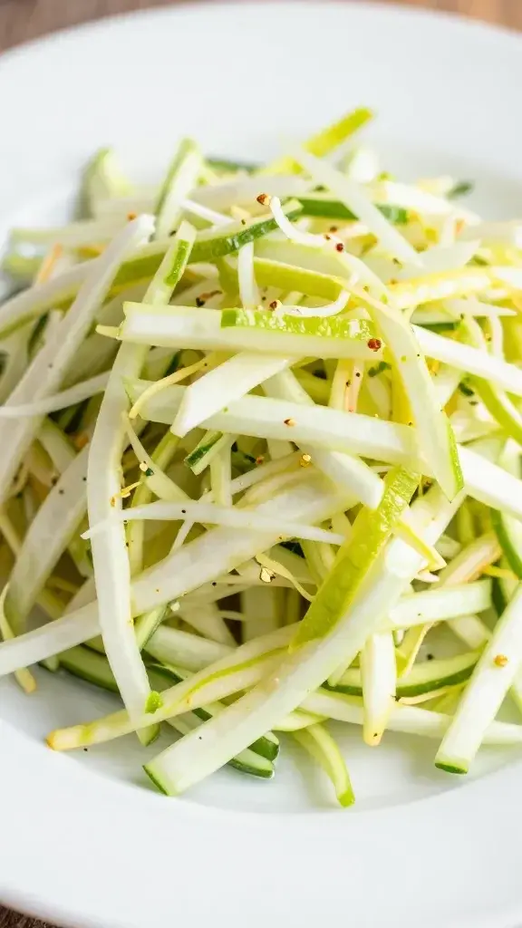 Closeup of lime-dressed Mexican coleslaw mound on white plate