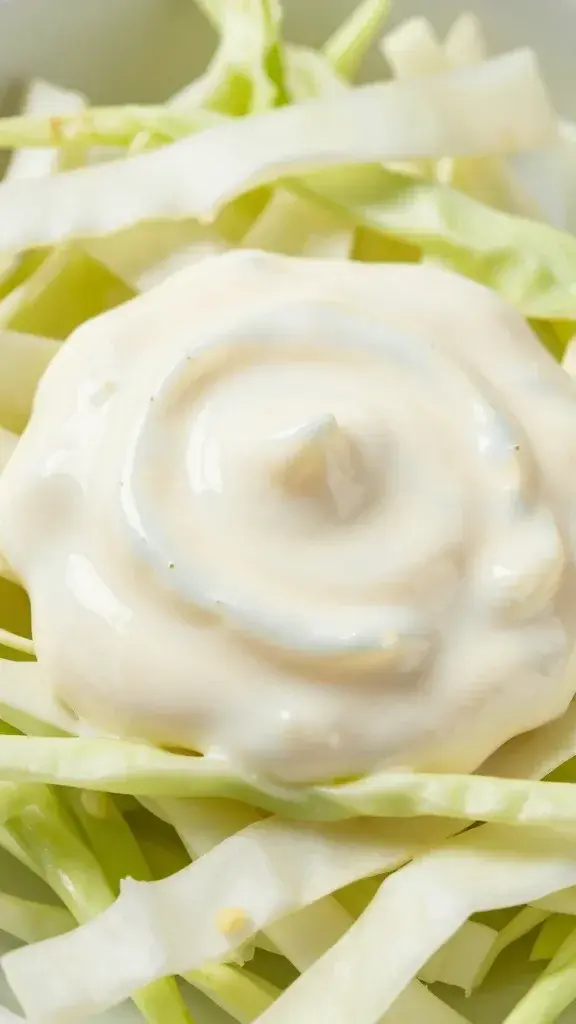 Closeup of creamy Mexican slaw dressing on cabbage ribbons