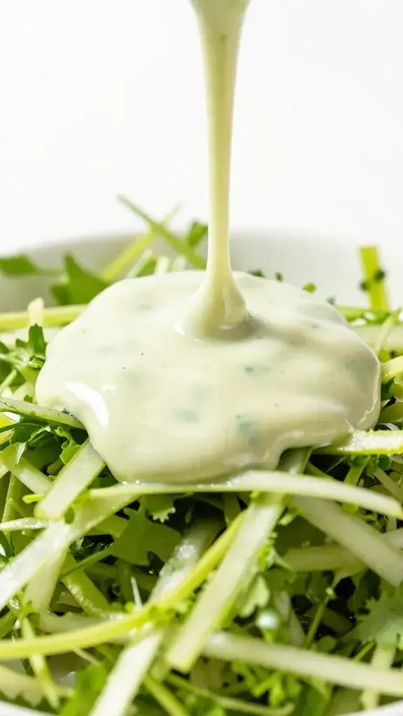 Closeup of lime cilantro dressing drizzle over crunchy slaw vegetables