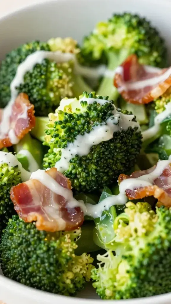 closeup broccoli bacon ranch salad bowl macro shot