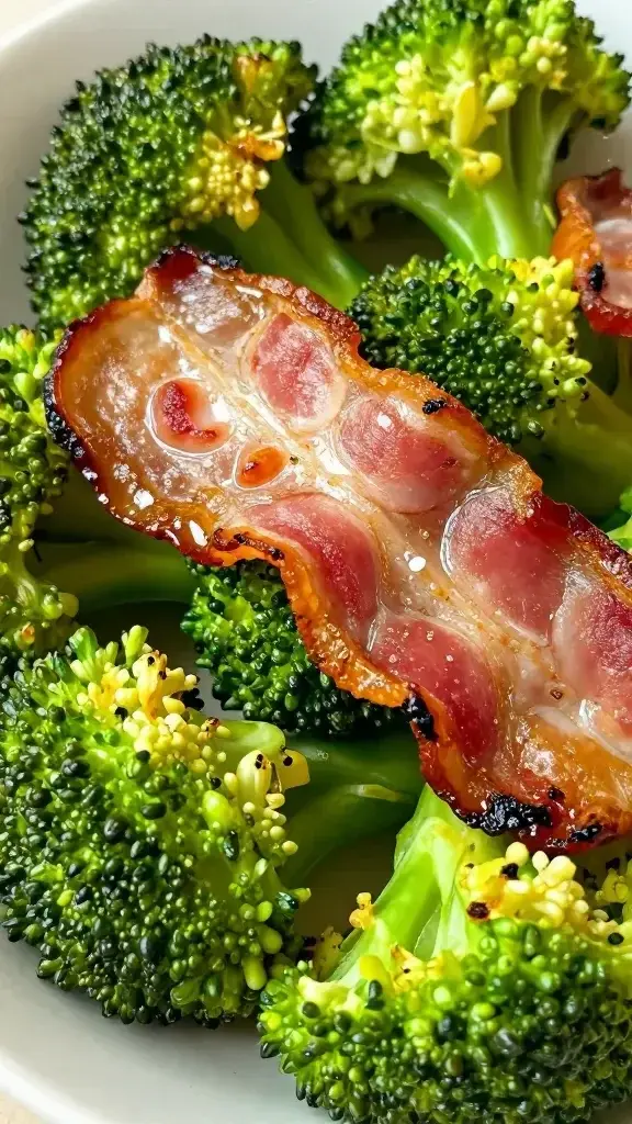 closeup roasted broccoli with crisp bacon texture detail