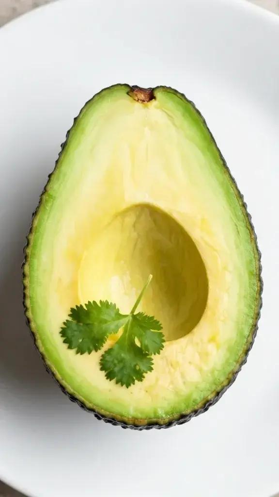 Closeup of a single avocado half with bright cilantro leaf on white plate