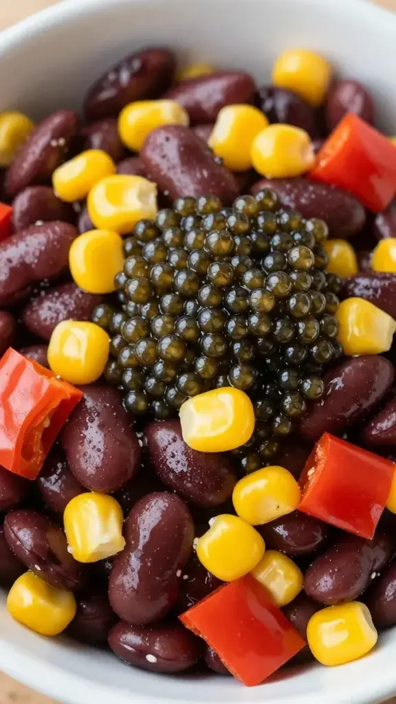 Closeup of a single bowl of cowboy caviar topping with beans, corn, peppers (focus on texture)
