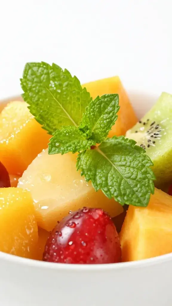 macro shot of mint leaf resting on bright fruit salad in a white bowl