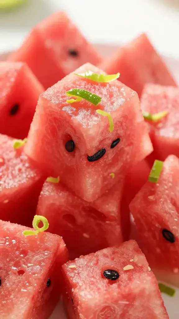 closeup of watermelon cubes with lime zest garnish