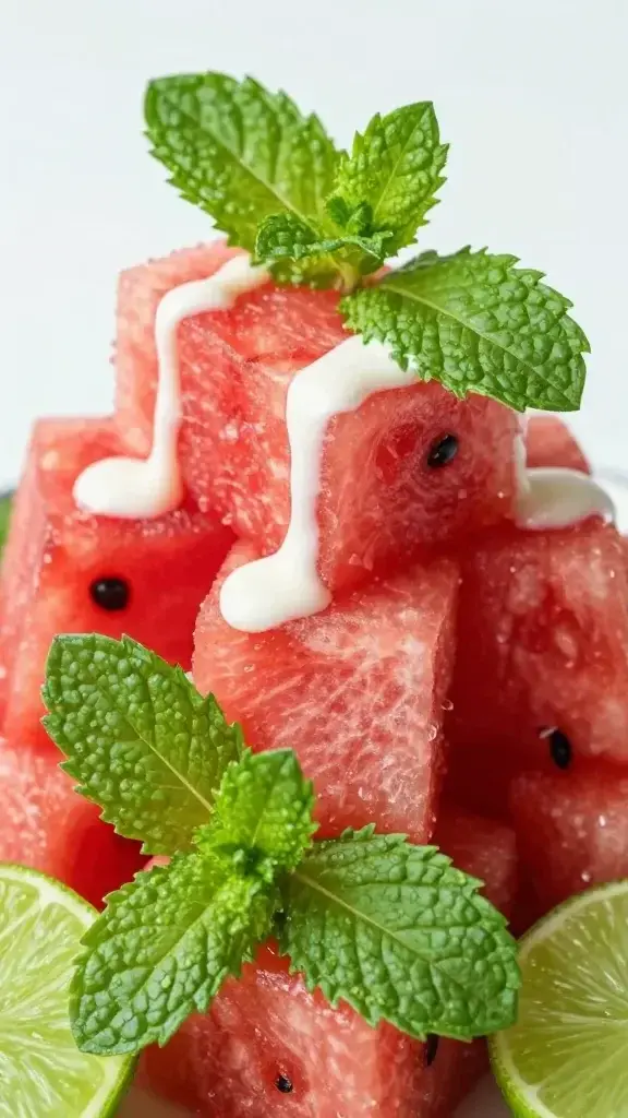 closeup of mint leaves atop watermelon cubes with lime drizzle