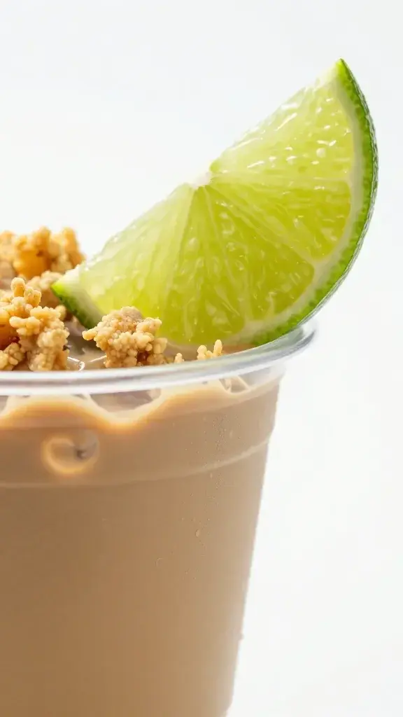 Macro shot of one elote cup at lime wedge garnish, bright backdrop