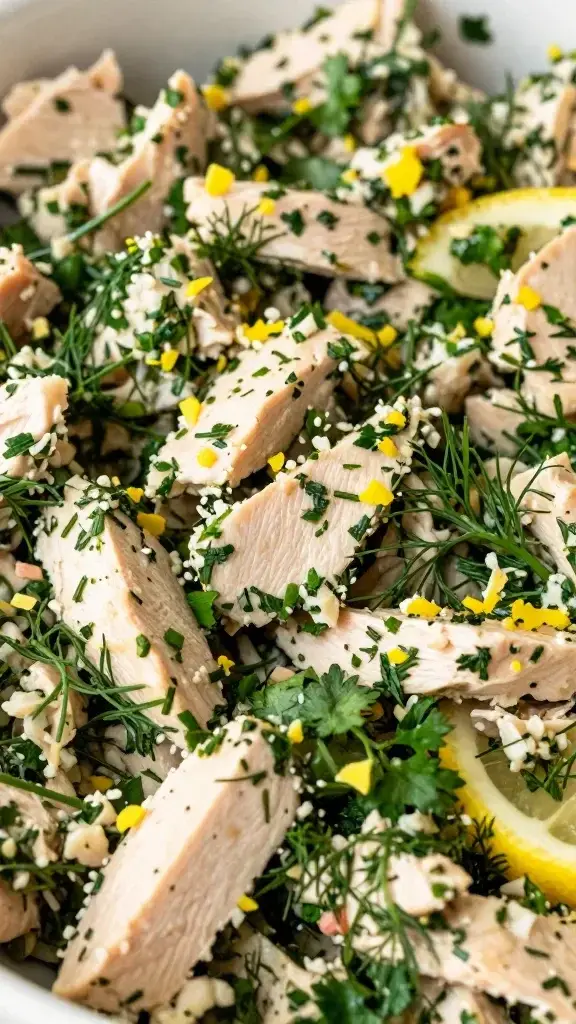 closeup of herby chicken salad filling with dill, chives, parsley, and lemon zest