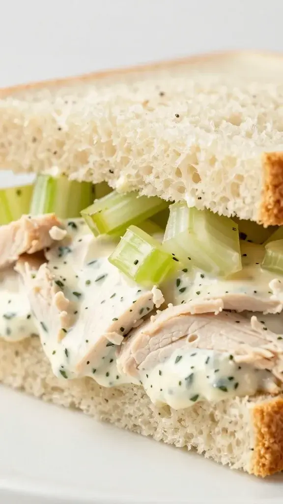 closeup of a sandwich slice showing creamy herb chicken filling with celery crunch