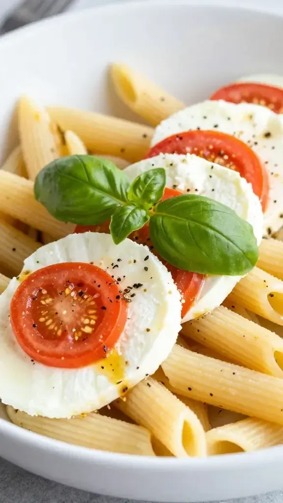 Closeup of Caprese pasta salad bowl with basil garnish
