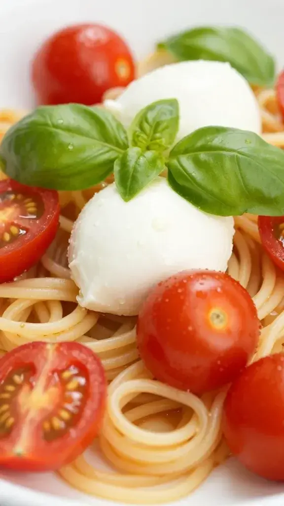 Closeup of cherry tomatoes, mozzarella, and basil on pasta coil