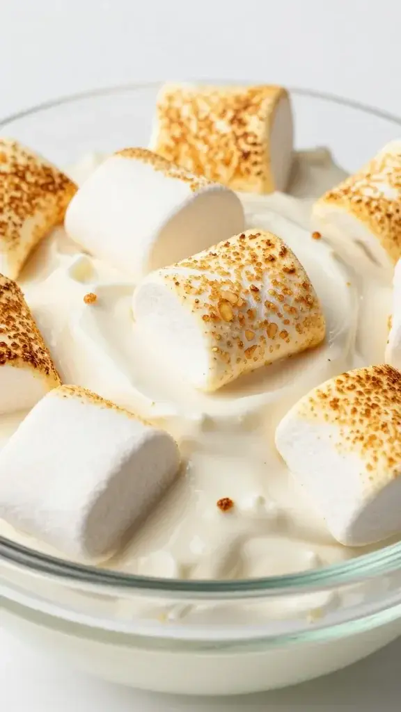 closeup of toasted marshmallow fluff topping on dip in glass bowl