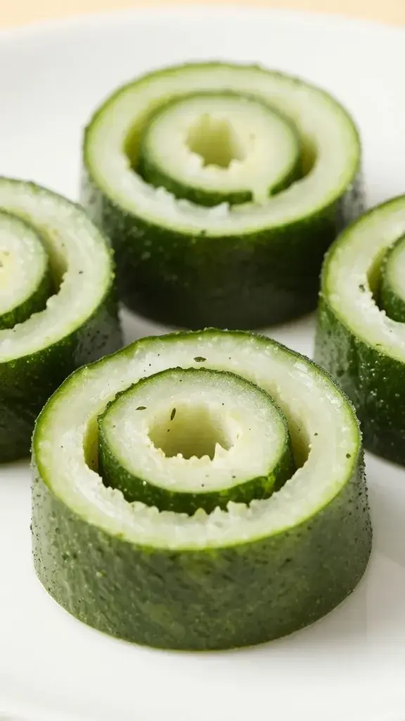 closeup of a veggie pinwheel bite-sized spiral on white plate