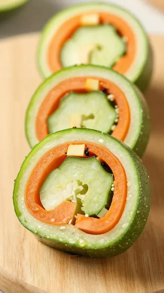closeup of vibrant veggie pinwheel cross-section on wooden board