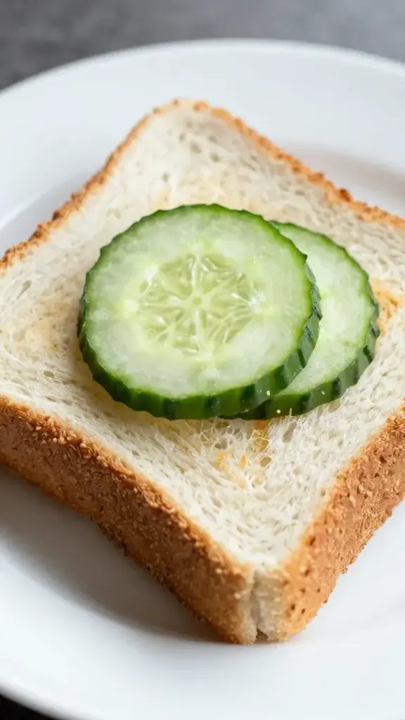 closeup of a single tea sandwich on white plate with cucumber slice garnish