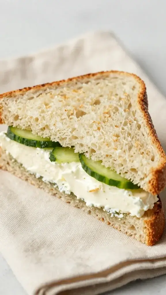 closeup of a single cream cheese cucumber tea sandwich half on rustic napkin