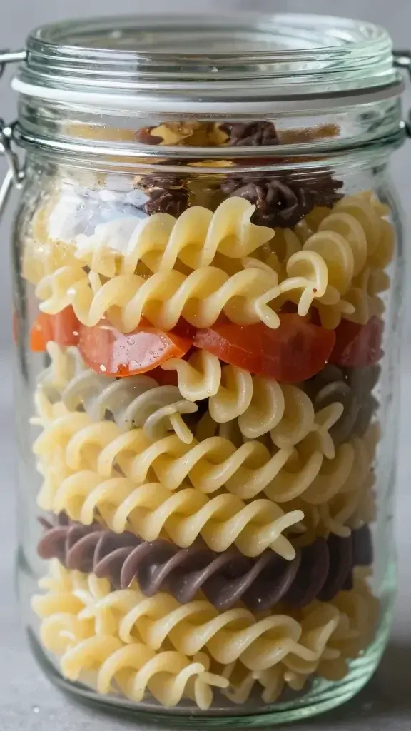 closeup of a pasta salad jar with fusilli, focused on layered ingredients