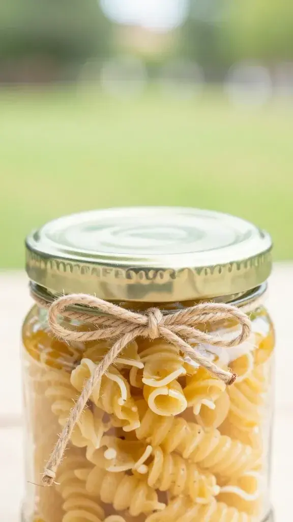 closeup of jar lid tied with string, pasta salad jar front and blurred park background