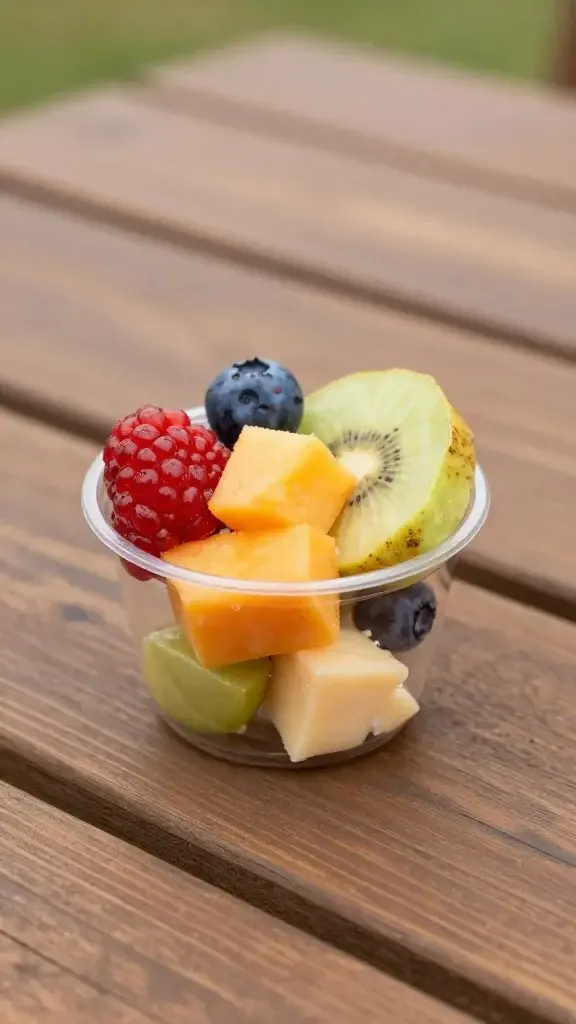 closeup of a single fruit-and-cheese cup on a wooden picnic table