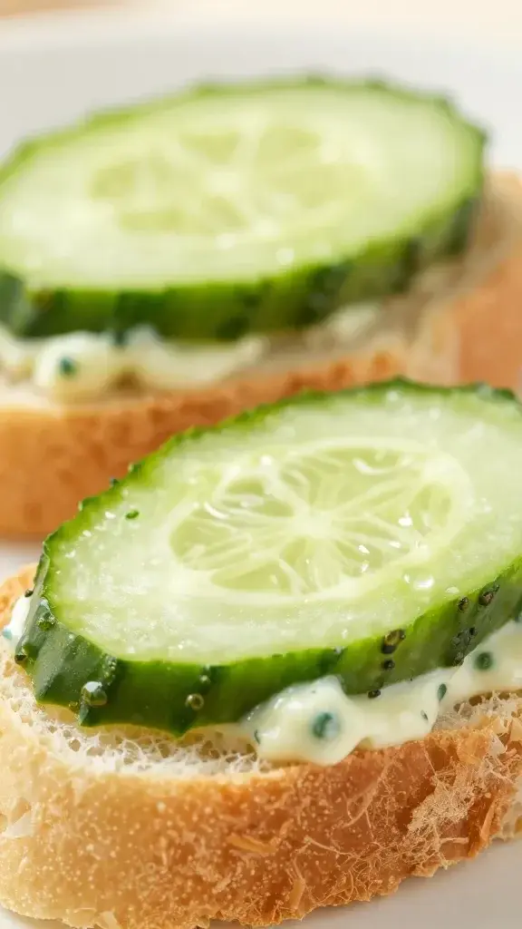 macro shot of two cucumber-mayo finger sandwiches on pristine crusts
