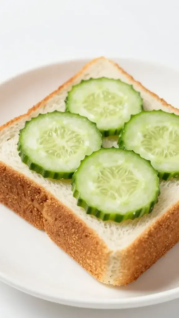closeup of cucumber tea sandwich on white plate