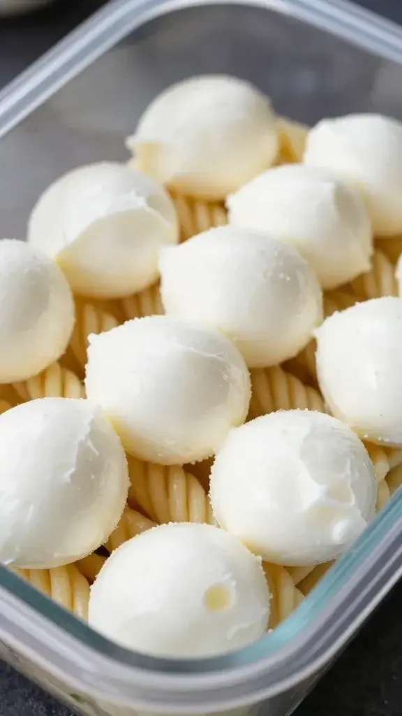 closeup of Caprese pasta salad box detail with bite-sized mozzarella