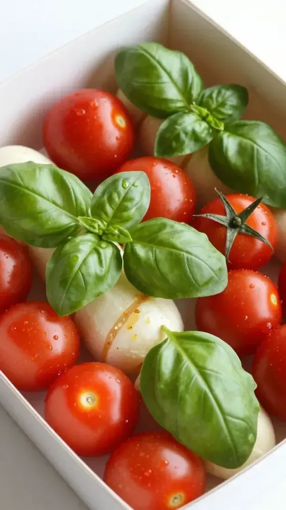 closeup of cherry tomato and basil arrangement inside Caprese box