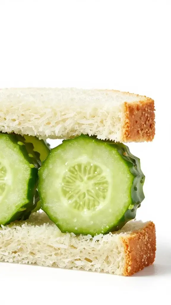 closeup of bite-sized cucumber-mress sandwich on white backdrop