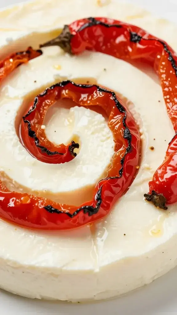 Closeup of feta pinwheel slice with roasted peppers, macro lighting