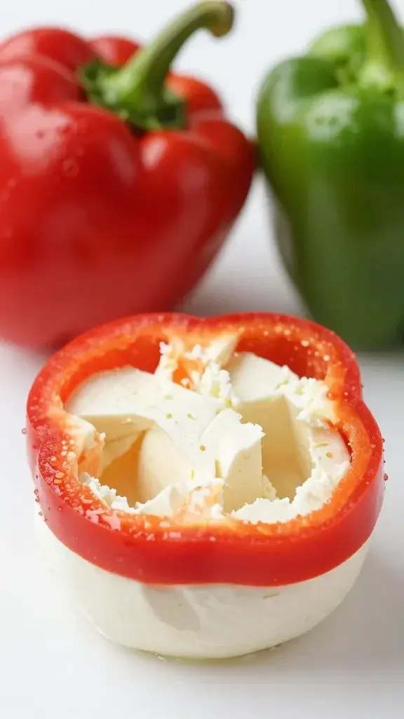 Closeup of single feta pinwheel bite, vibrant peppers, soft background