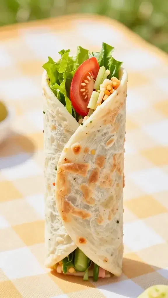 closeup of a single vegetarian pinwheel roll in a picnic setting with blurred blanket background