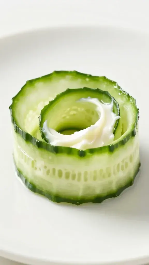 closeup of a single cucumber cream cheese spiral slice on white plate