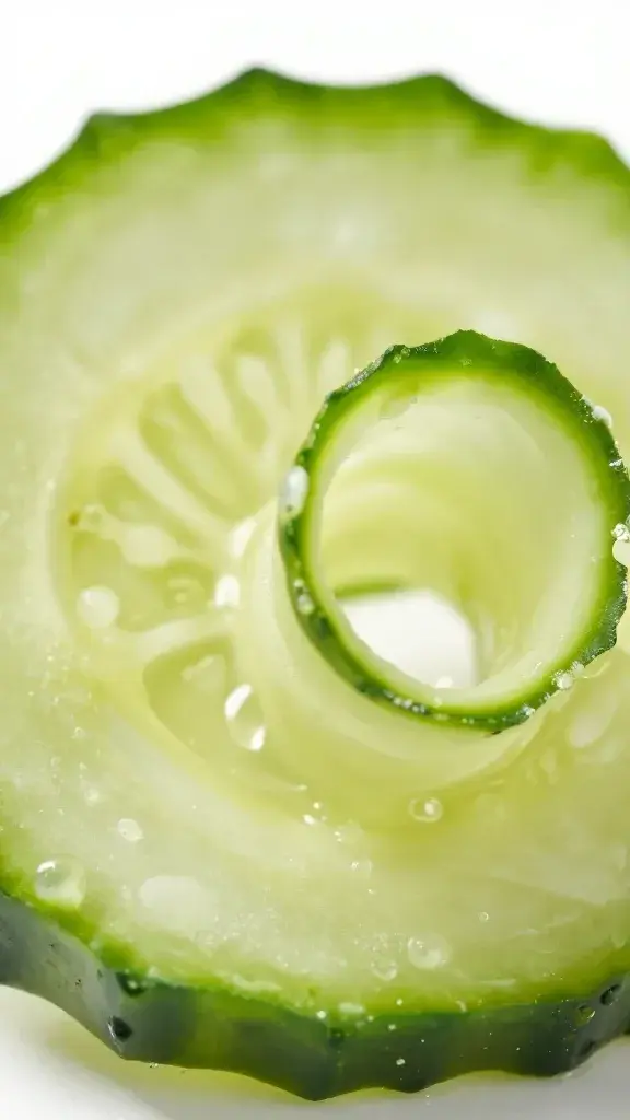 macro shot of a single cream cheese cucumber spiral half, crisp edge visible