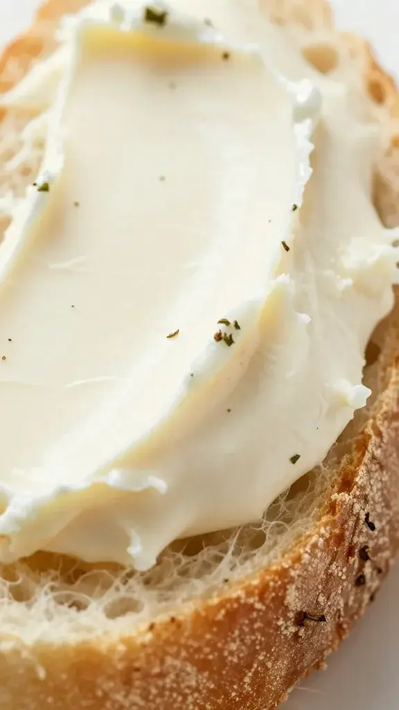 Macro shot of a single herb-speckled cream cheese spread on soft bread edge, herb garnish visible
