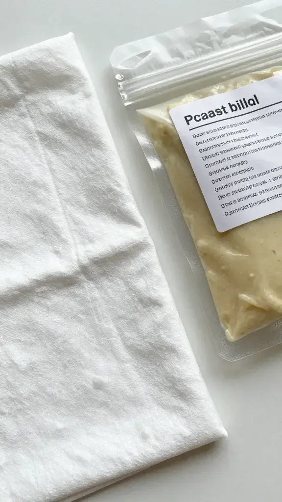 Closeup of reusable wrap cloth next to labeled plant-based filling