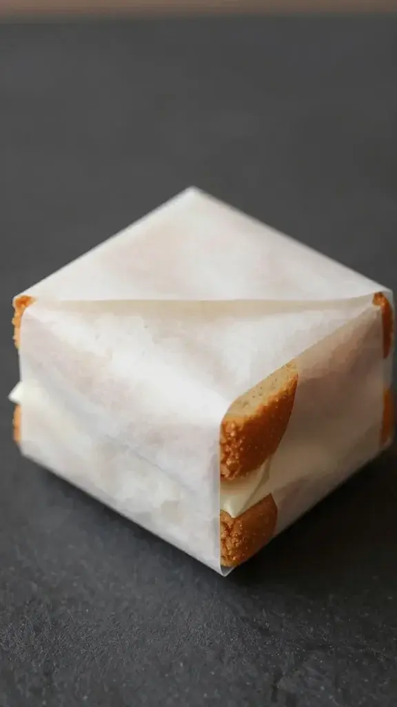 Closeup of a single mini sandwich wrapped neatly in parchment