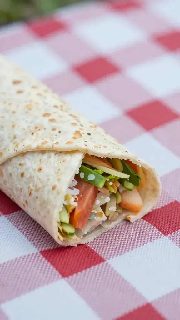 Closeup of one bite-sized sandwich on picnic blanket, focus on wrap