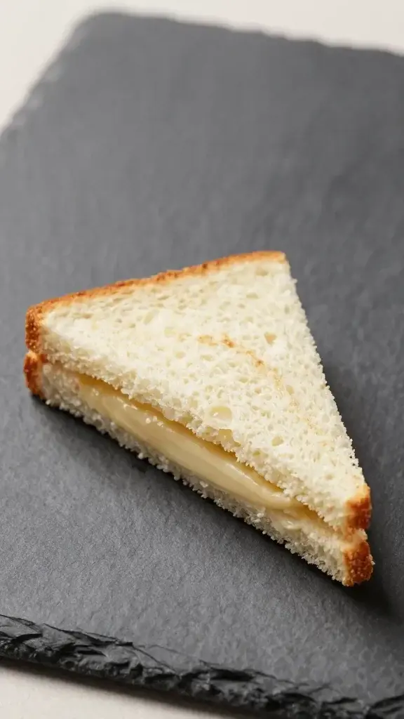 closeup of a single triangled finger sandwich half on slate board