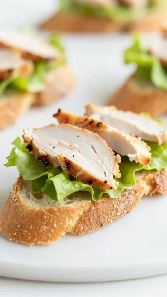 Close-up of a single chicken salad mini on crusty crostini