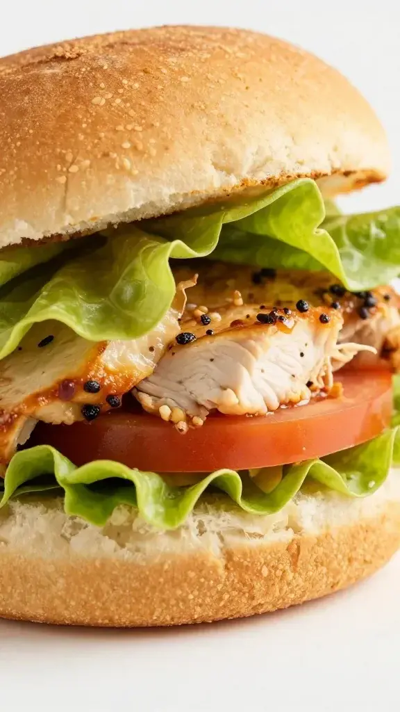 Close-up of one chicken salad slider on mini baguette slice