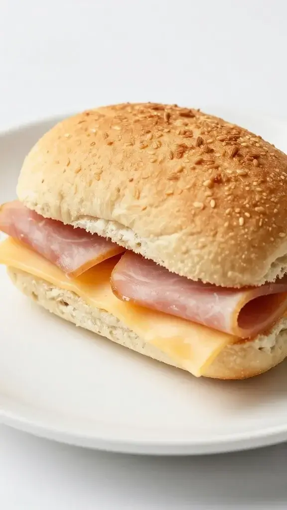 Close-up of a single ham-and-cheese mini sandwich on a white plate