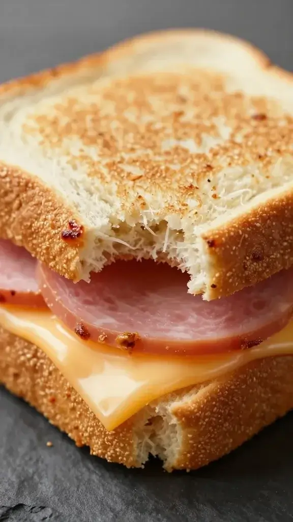 Close-up of one bite-sized ham and cheese sandwich with melted cheese crusted edge