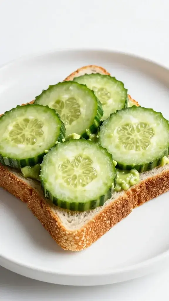 Closeup of avocado cucumber tea sandwich on pristine white plate